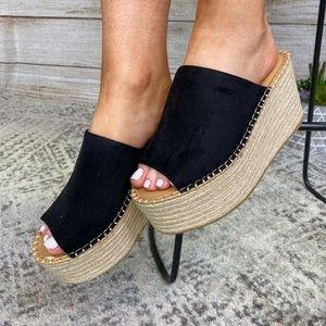 Black espadrille wedge slip on
